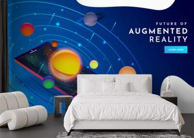 Responsive web template design with isometric illustration of space with planets on smartphone screen for Augmented Reality (AR) concept. Wall mural