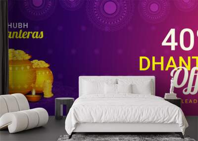 Sale banner design with 40% discount offer and shiny golden coin pot on purple background for Dhanteras festival celebration. Wall mural