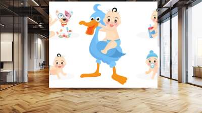 Set of baby character in different activity with toys such as dog and stork on white background for Baby Shower concept. Wall mural