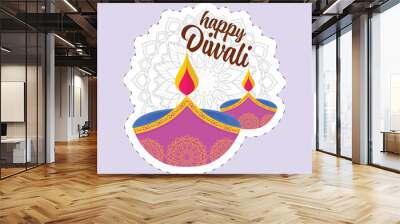 Sticker Style Happy Diwali Font With Lit Oil Lamp (Diya) And Mandala Pattern On Pastel Violet Background. Wall mural