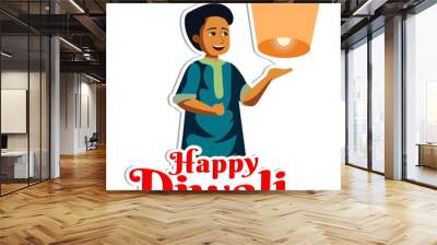 Sticker Style Happy Diwali Text with Young Indian Boy Character Flying Lit Sky Lantern on Grey Background. Wall mural