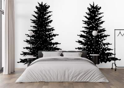 Two Xmas tree in black color on snowy background. Wall mural