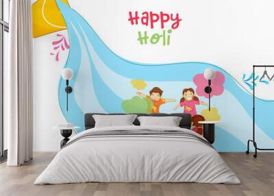 Vector Illustration Of Cartoon Children Celebrating Holi Festival Together And Color Falling From Bucket On White Background. Wall mural