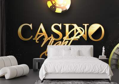 Website header or banner design with golden text Casino Night, roulette wheel, poker chips and playing cards decorated on black background. Wall mural