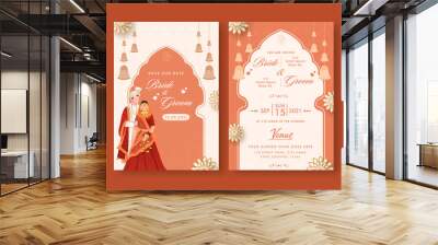 Wedding Invitation Template Layout With Indian Couple Image In White And Orange Color. Wall mural