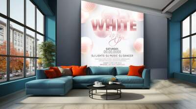 White party invitation card design with 3d abstract spheres on glossy background. Wall mural