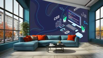 Workspace of web developer with text code on abstract blue background. Isometric design for software development. Wall mural