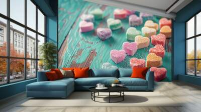 Rainbow heart shapes embracing diverse silhouettes, serene sky, Ai Generated Wall mural