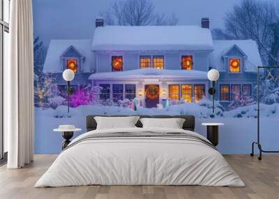 snow-blanketed suburban farmhouse during the holiday season, with colorful lights and a wreath on every window Wall mural