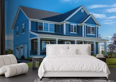 Suburban Cape Cod home with a freshly painted blue exterior, complementing the clear blue sky Wall mural