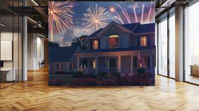 Suburban Colonial home during a festive Fourth of July celebration, complete with fireworks in the background Wall mural