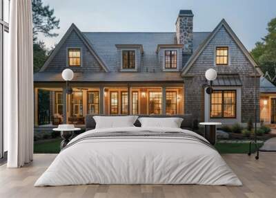 suburban farmhouse with a Cape Cod style, featuring shingle siding, dormer windows, and a cozy interior Wall mural