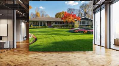 Suburban ranch with a large, front lawn that features a seasonal display of flowering bulbs, providing vibrant colors throughout the year Wall mural