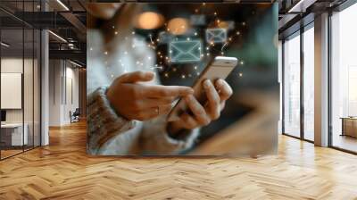 Woman hand using smartphone with e email icon on screen in cafe, Female using phone for check email for work or sending text SMS short message at home Wall mural