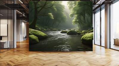  Scenic river flowing through lush forest with rocks and trees Wall mural