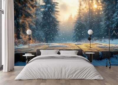 a Snow-covered wooden table with a winter landscape and gentle snowfall, evoking a serene and cold ambiance. Wall mural