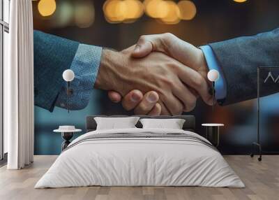 the Business partnership meeting with two businessmen shaking hands, celebrating a successful deal. Wall mural