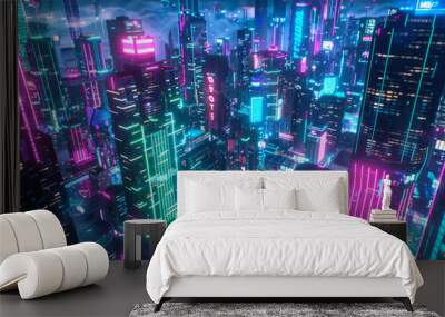 A digital depiction of a futuristic cityscape at night illuminated with vibrant neon lights Wall mural