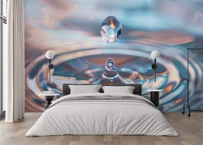 A single water droplet creates ripples and iridescent reflections in a still body of water Wall mural