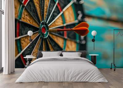 Bullseye: A Close-Up Shot of a Dart Hitting the Center of a Dartboard Wall mural