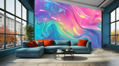 Shimmering iridescent fluid art with vibrant neon colors Wall mural