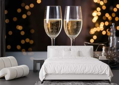 Glasses with champagne on the background of Christmas decorations. Wall mural