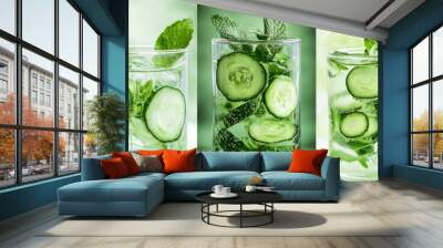 Sparkling water in jar with cucumber and mint leaves Wall mural