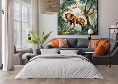 A painting of an elephant in a jungle with green plants and red flowers, in a modern living room with a gray sofa and orange pillows. Wall mural