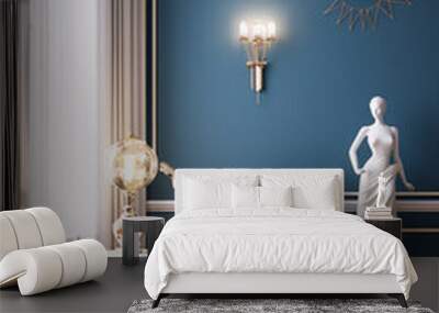 Blue and gold luxury interior design with a red velvet armchair, golden elements, and a female statue. Wall mural