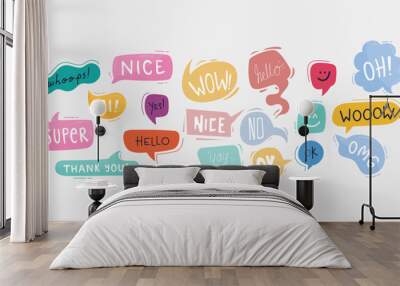 Bright colored speech bubbles with expressions. Abstract doodle speech bubbles with different phrases, text labels and empty thought clouds modern vector icons set. Bright dialogue clouds pack isolate Wall mural