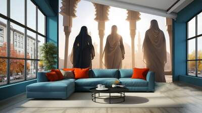 Muslim Hijabi veiled Women in a mosque looking at a mosque opposite them Wall mural