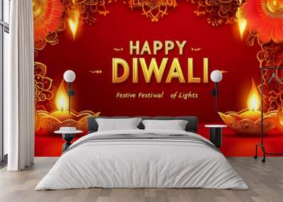  illustration of Decorated Diya for Happy Diwali festival holiday celebration of India greeting background Wall mural