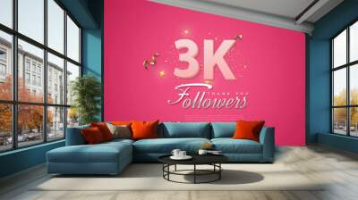 3000 followers card light Pink 3K celebration on Pink background, Thank you followers, 3K online Social media achievement poster, Wall mural