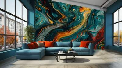 Abstract marble background fluid art painting alcohol ink style with a mix of black, gold colours. Beautiful swirl marble background Wall mural