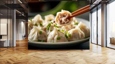 boiled jiaozi, Taiwan famous snGyoza - delicious dumplings filled with vegetables and minced meat, wrapped into thin dough served with soy sauce on wooden tableack of Chinese dumpling   Wall mural