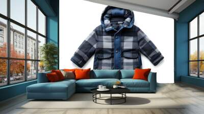 Children's winter jacket for boys. Blue, gray and green cell on a white background. Photo for shoes advertisement Wall mural