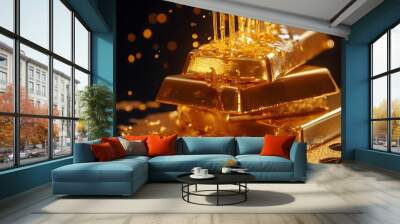 Group of gold bars with two ingots on top. Financial success, business investment and wealth concept. 3D illustration Wall mural