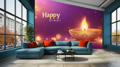 Happy Diwali. Deepavali Hindu festival of lights celebration. Clay diya candle. Oil lamp lit, copy space Wall mural