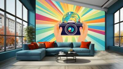 rangefinder camera with world map in background and in lens refl bright vibrant colors retro poster with a flat style camera Wall mural