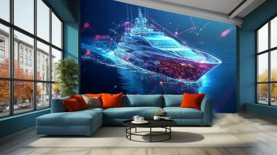 Ship. Abstract luxury ruise liner ship on dark blue night sky background with dots, stars. Recreation, ocean travel, comfort relax, success Wall mural