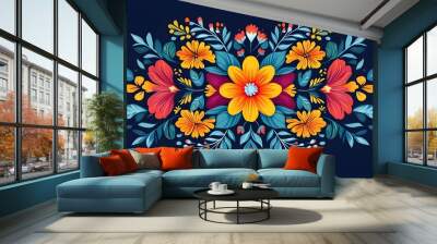 Tropical flowers background for national Hispanic heritage month, vector banner with floral pattern ornament. Latin Americans Hispanic heritage month Wall mural