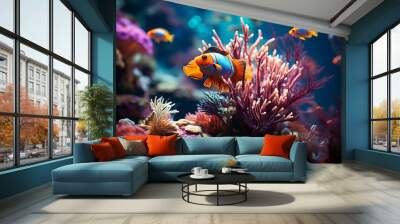 Tropical sea underwater fishes on coral reef. Aquarium oceanarium wildlife colorful marine panorama landscape nature snorkeling diving Generative Ai Wall mural