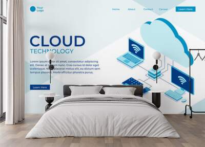 Modern flat design isometric concept of Cloud Technology for banner and website. Digital service or app with data transfering. Online computing technology. 3d servers and datacenter connection network Wall mural