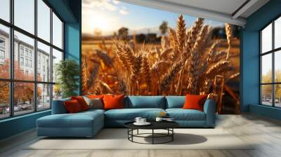 A breathtaking farm scene reveals a golden cereal field, alive with wheat Generative AI Wall mural