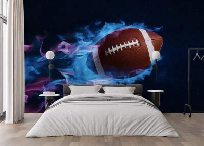 American football engulfed in blue and purple flames, soaring through a starry sky Wall mural