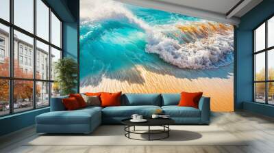 Beautiful tropical wave of summer sea surf. Soft turquoise blue ocean wave on the golden sandy beach Generative AI Wall mural