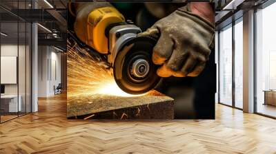 Industrial precision, Close-up of worker using angle grinder to cut steel Generative AI Wall mural