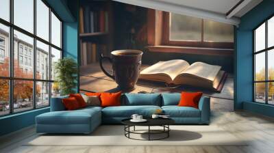 open book on wooden table desk with window light with a cup of coffee for study in morning Generative AI Wall mural