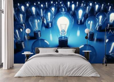 smart thinking illustrated with a glowing lamp among blue lightbulbs Wall mural