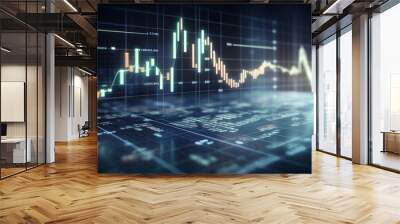 Stock market growth and investment concept on abstract blank dark blurred background with bokeh and raising financial chart graphs. , mock up Generative AI Wall mural